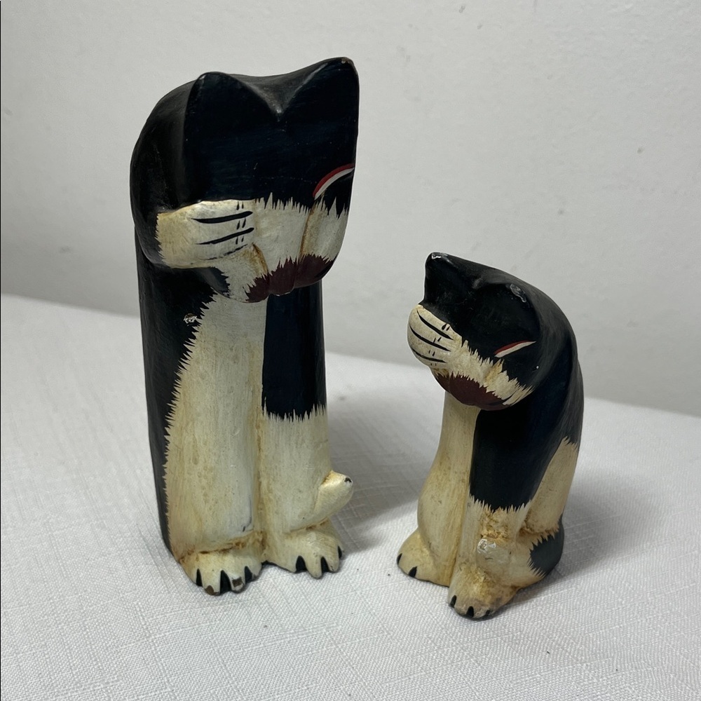 Vintage wooden Black & White Cat Figurines. Handmade. Unique